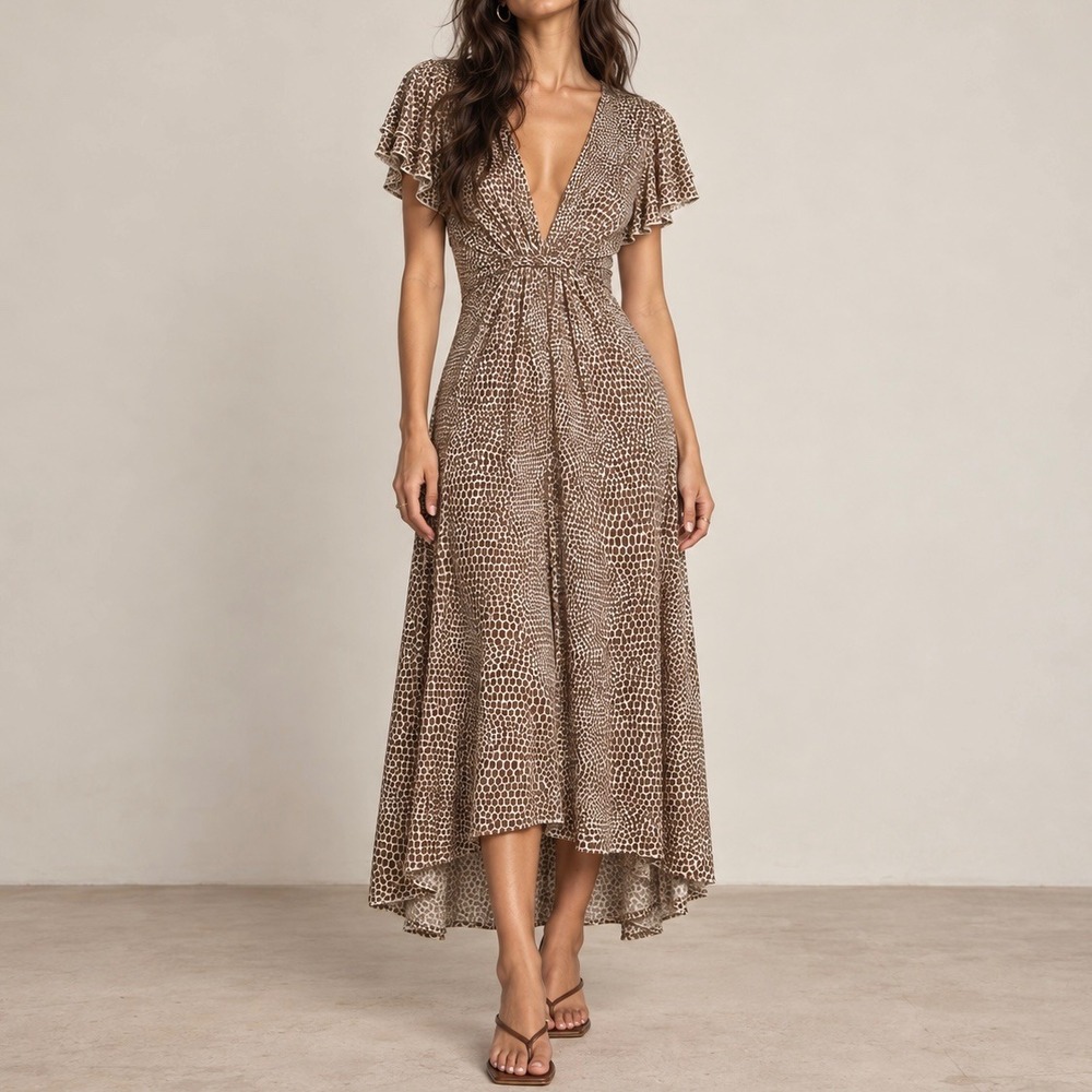 Mara Hoffman Brown Silk Animal Print Ruffle Sleeve High Low Maxi Dress Womens S